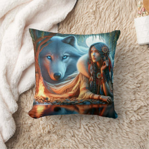 Almofada Mulher Nativa Americana Com Lobo Pela Água