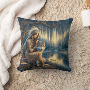Almofada Mulher Nativa Americana com Lobo por Tranquil Rive