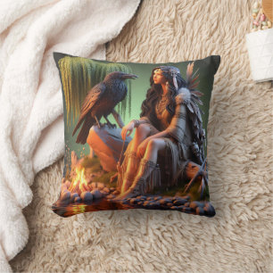 Almofada Mulher Nativa Americana com Raven por Água em Dusk