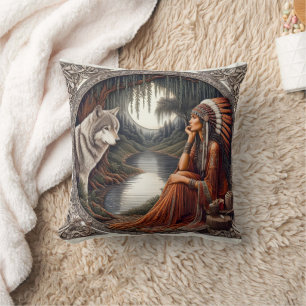 Almofada Mulher Nativa Americana Contemplando Com Lobo