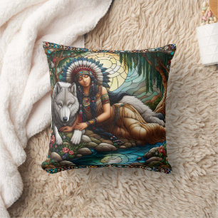 Almofada Mulher Nativa Americana Descansando com Lobo pela