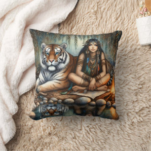 Almofada Mulher Nativa Americana Medita Com Um Tigre