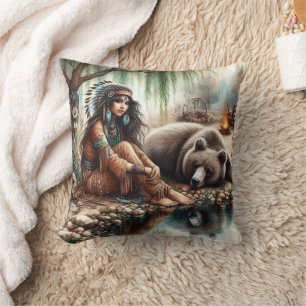 Almofada Mulher Nativa Americana por Rio com Urso