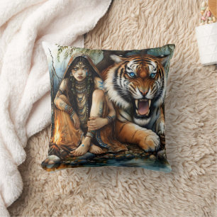 Almofada Mulher Nativa Americana Sentada Ao Lado De Um Tigr