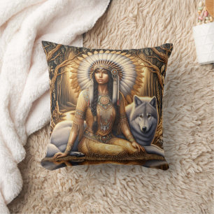 Almofada Mulher Nativa Americana Sentada com Lobo
