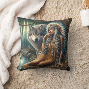Almofada Mulher Nativa Americana Sentada com Lobo na Flores