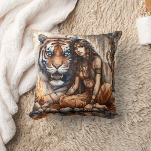 Almofada Mulher Nativa Americana Sentada com Tiger por Água
