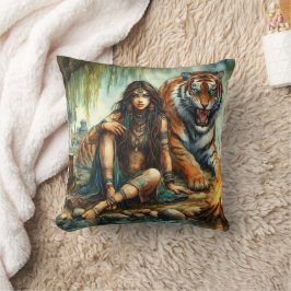 Almofada Mulher Nativa Americana Sentada Com Tigre Por Água