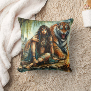 Almofada Mulher Nativa Americana Sentada Com Tigre Por Água