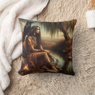 Almofada Mulher Nativa Americana Sentada Por Rio Com Raven