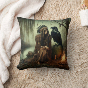 Almofada Mulher Nativa Americana Sentada Por Rio Com Raven