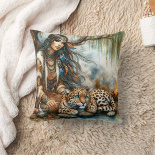 Almofada Mulher Nativa Americana Sentada Por Rio Com Tigre