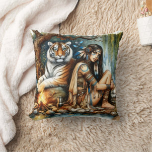 Almofada Mulher Nativa Americana Sentada Por Rio Com Tigre