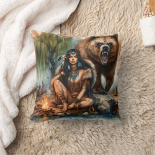 Almofada Mulher Nativa Americana Sentada Por Rio Com Urso