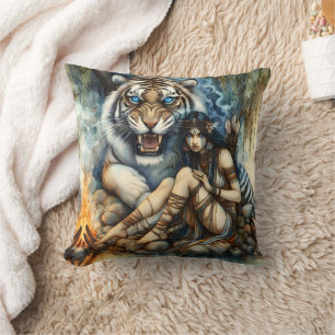 Almofada Mulher nativa americana sentada por um tigre no am