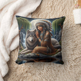 Almofada Mulher Nativa com Lobo por Moonlit Lake