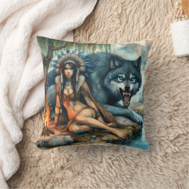 Almofada Mulher Nativa de Wolf e Campfire