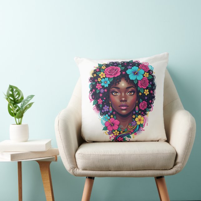 Almofada Mulher Negra com Afro Adornado com Flor Brilhante (Cadeira)