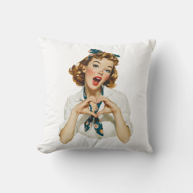 Almofada Mulher Retro Fazendo Gesto de Coração (Frente)