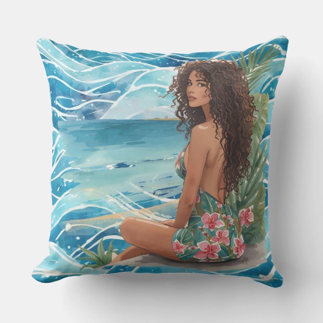 Almofada Mulheres Exóticas e Paraíso de Praia Tropical (Frente)