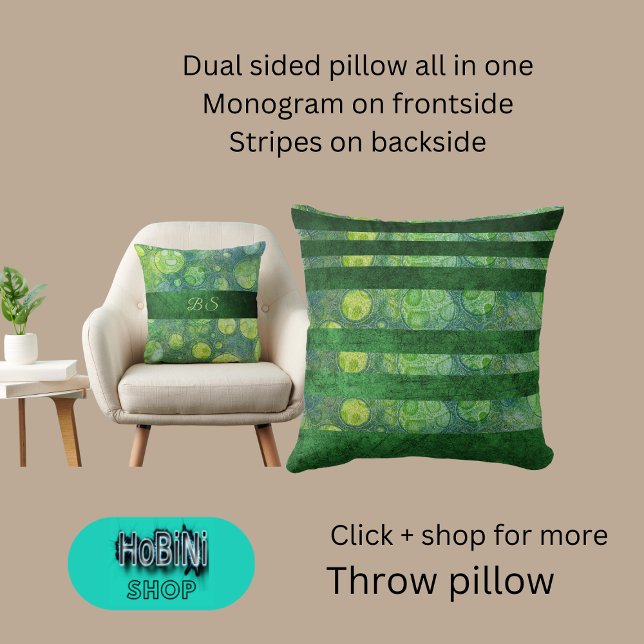 Almofada multicor verde abstrato com lado duplo (Dual sided throw pillow all in one
Monogram on frontside
Stripes on backside)