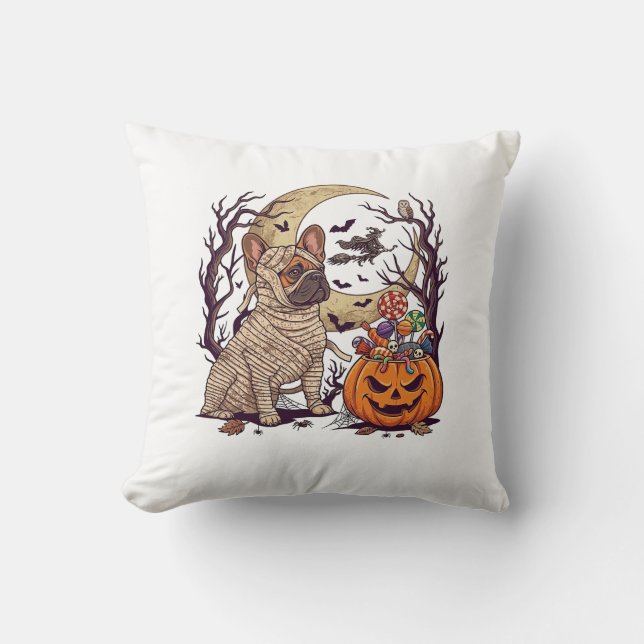 Almofada Múmia de Halloween Bulldogue Francês Abóbora Doce  (Frente)