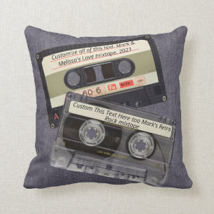 Almofada Música Cassete Mixtape Retro Dark Denim Jeans Azu