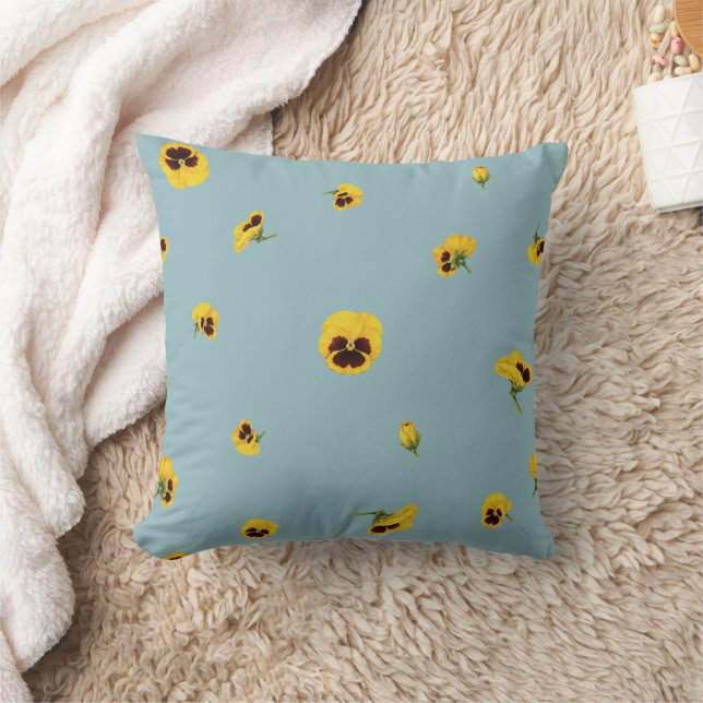Almofada Muted Aqua Yellow Japanese Pansy Floral Pattern (Cobertor)