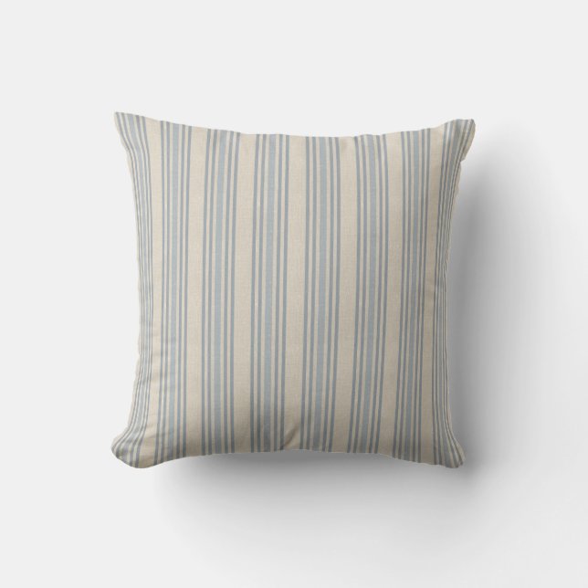 Almofada Muted Distressed Blue Farmhouse Ticking Stripe (Frente)
