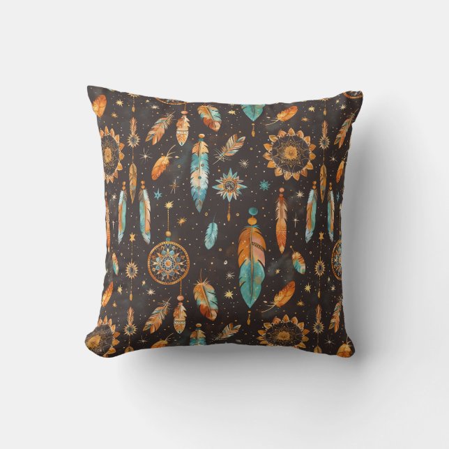 Almofada Mystical Dark Boho: Penas e Sonhos Desi (Frente)