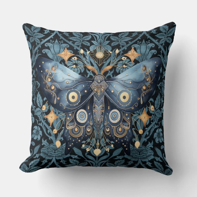Almofada Mystical Watercolor Blue e Dourada Night Moth (Frente)