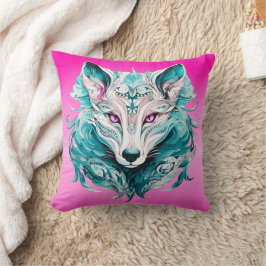 Almofada Mystical Wolf | Turquesa Elegante e Lobo Rosa