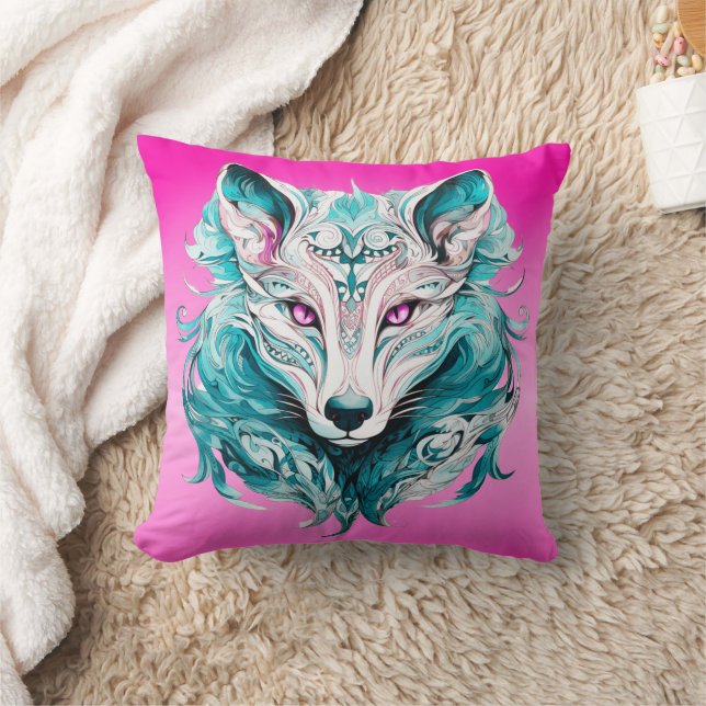 Almofada Mystical Wolf | Turquesa Elegante e Lobo Rosa (Cobertor)