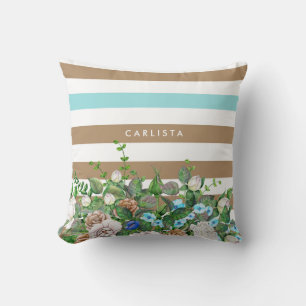 Almofada Na moda Aqua e Tan Floral e Stripes com Nome