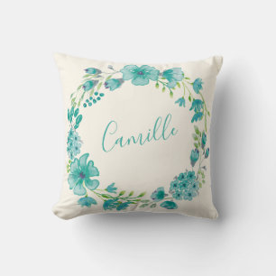 Almofada Na moda Floral Wreath em Azul Nome Personalizado