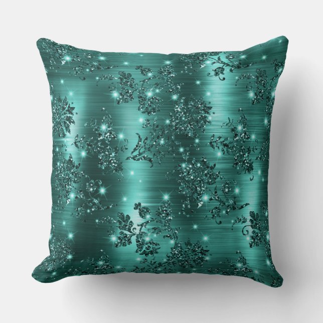 Almofada Na moda Teal Shimmer Glitter e Foil Floral (Frente)