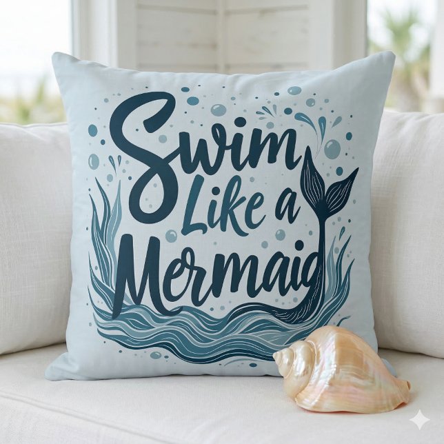 Almofada Nade Como uma Sereia Arte de Citação do Oceano Cap (Swim Like a Mermaid Whimsical Ocean Quote Art Throw Pillow On Couch)
