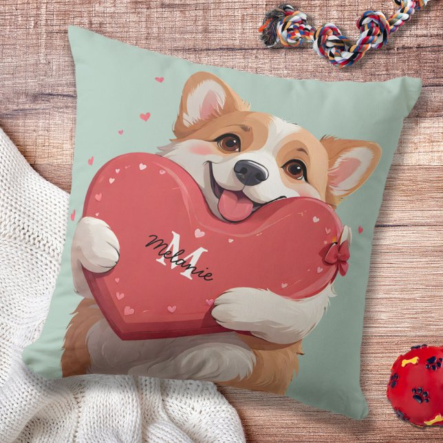 Almofada Namorados de Monograma de Corgi Dog Pun & Red Hear (Corgi Dog Pun & Red Hearts Monogram Valentines Throw Pillow 2)