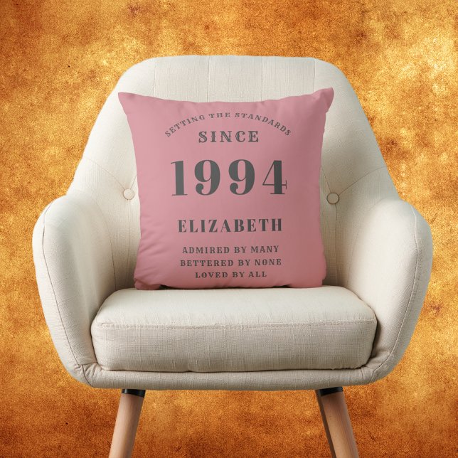 Almofada Nascer aniversário de 30 anos 1994 Amado Adicione  (Dusty pink and grey 30th birthday personalized cushion throw pillow. Fun for those born in 1994.)