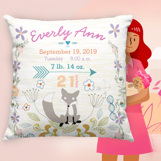 Almofada Nascimento Stats Baby Girl Woodland Cria Raposa (Criador carregado)