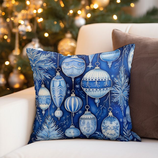 Almofada Natais vintages Ornamentos Azul Branco (Blue and white vintage Christmas ornaments decorator pillow)