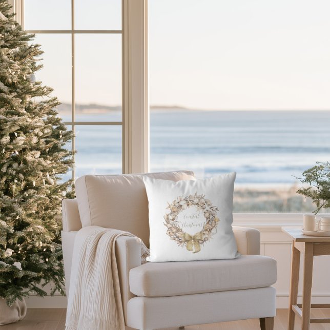 Almofada Natal à Beira-Mar Coroa de Conchas de Natal (Seashell Wreath Coastal Christmas Pillow)