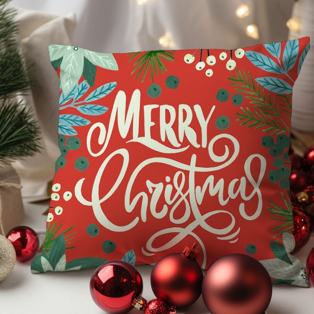Almofada Natal Alegre Floral Moderno e Ousado  (Modern Bold Floral Merry Christmas Throw Pillow)