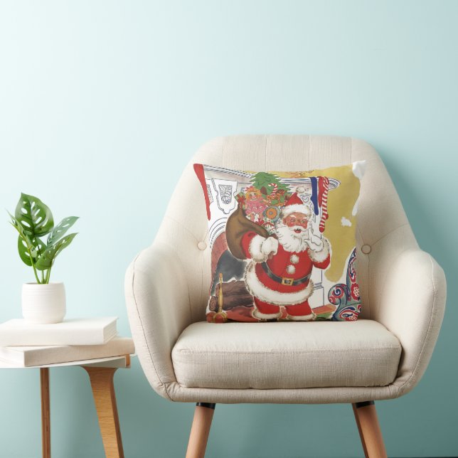 Almofada Natal Antigo, Alegre Papai Noel com Presentes (Cadeira)