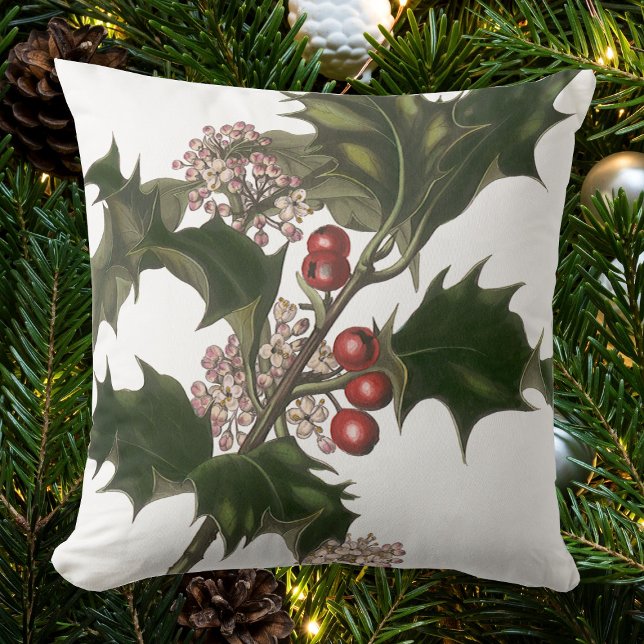 Almofada Natal Antigo, Planta de Azevinho Verde com Frutas (Criador carregado)