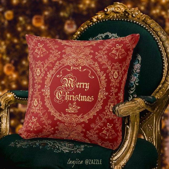 Almofada Natal Clássico Ornamentado Vermelho Dourado Feliz  (Criador carregado)