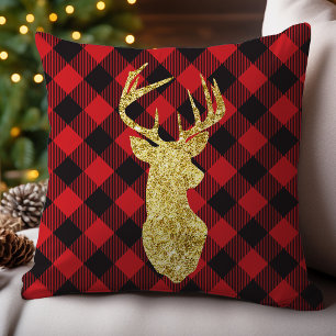 Almofada Natal com Plaid de Búfalo e Veado em Dourado