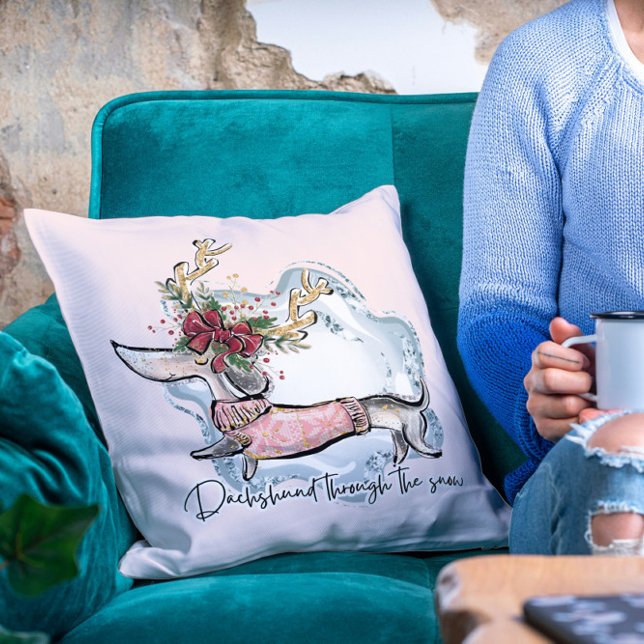 Almofada Natal Dachschund Através Do Cão Festivo Da Neve (Criador carregado)