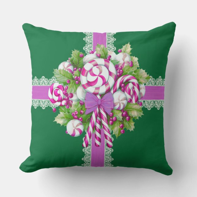 Almofada Natal de Bastão de Doces Rosa Roxo Verde (Frente)