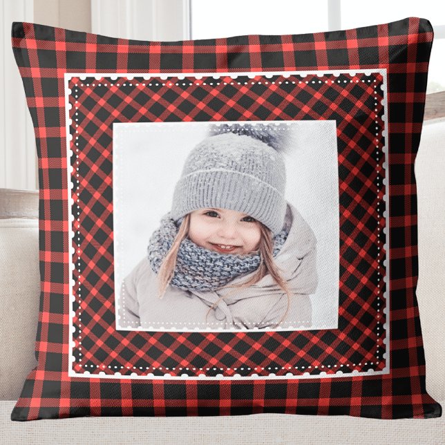 Almofada Natal de Feriado para Crianças de Xadrez Vermelha  (Modern Rustic Buffalo Plaid Kids Photo Holiday Pillow)